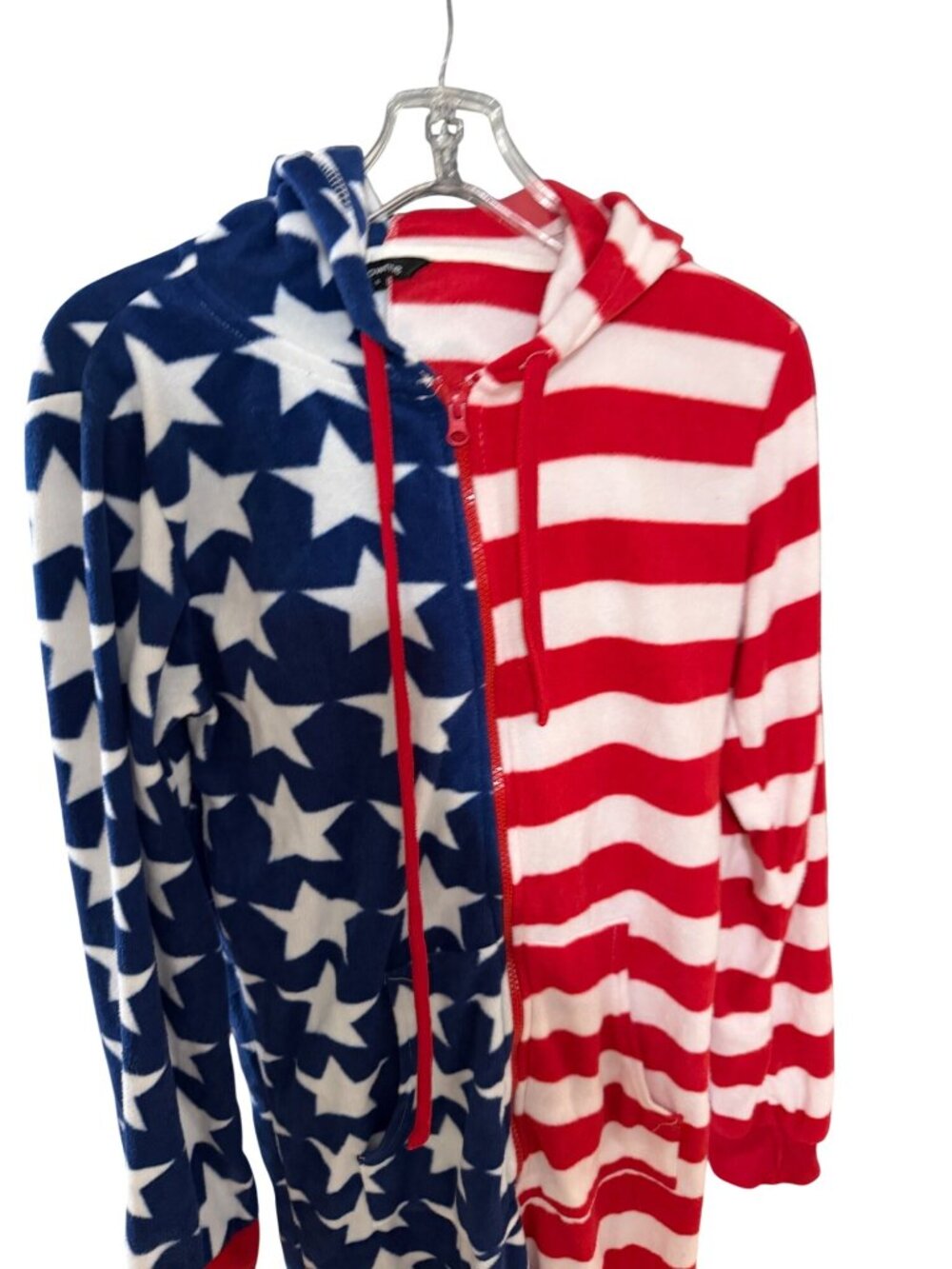 Follow Me American Flag Fleece Hooded Zip Jumpsuit Onesie Pajamas S Unisex - Picture 2 of 6